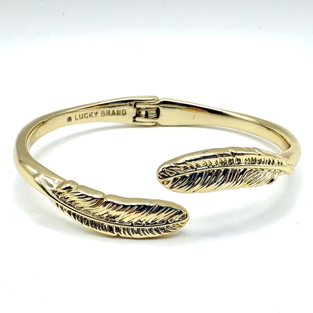 Lucky Brand Gold Feather Bohemian Hinged Open Bangle Bracelet
